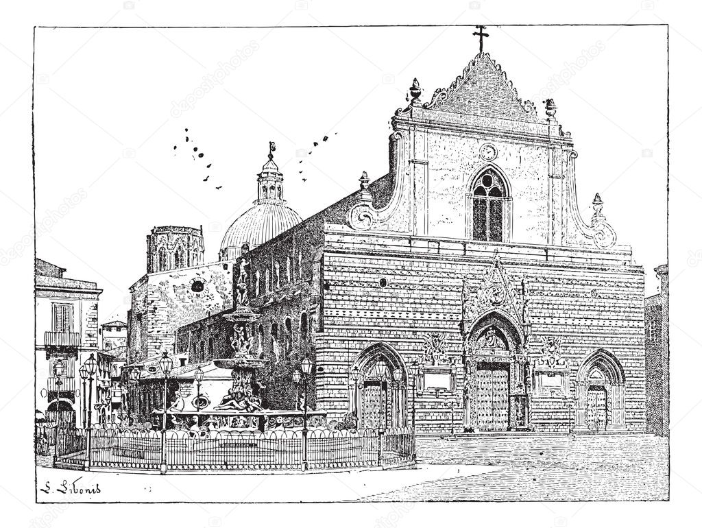 Cathedral of Messina, in Sicily, Italy, vintage engraving