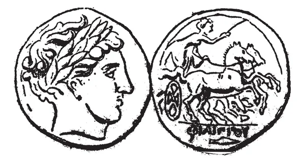 Moneda de oro macedonia antigua, grabado vintage — Vector de stock
