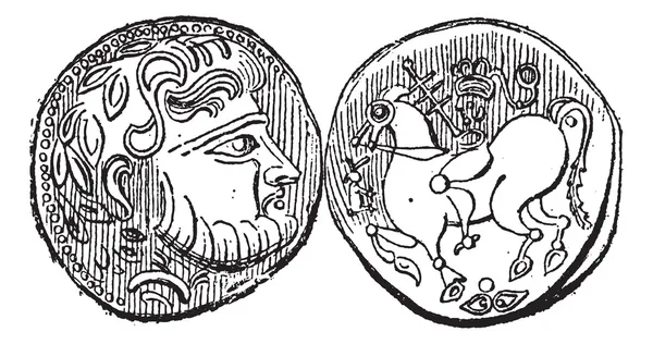 Moneda de Didrachma griega antigua, grabado vintage — Vector de stock