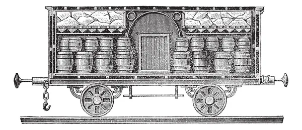 Barriles de cerveza helada en vagón grabado vintage — Vector de stock