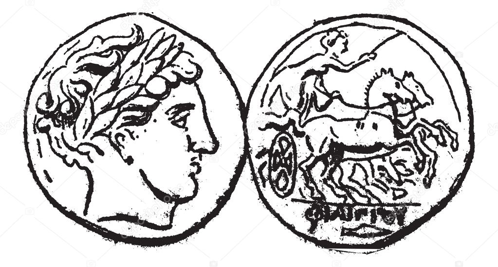 Ancient Macedonian Gold Coin, vintage engraving