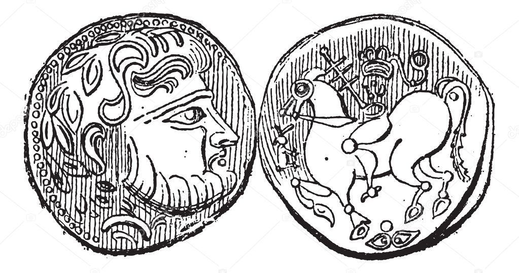 Ancient Greek Didrachma Coin, vintage engraving