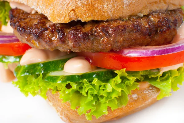 Sanwich con hamburguesa macro shot —  Fotos de Stock