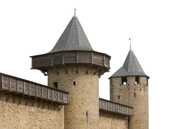 Middeleeuws kasteel torens geïsoleerd op wit — Stockfoto