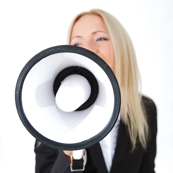 Donna d'affari con megafono isolato sfondo bianco — Foto Stock