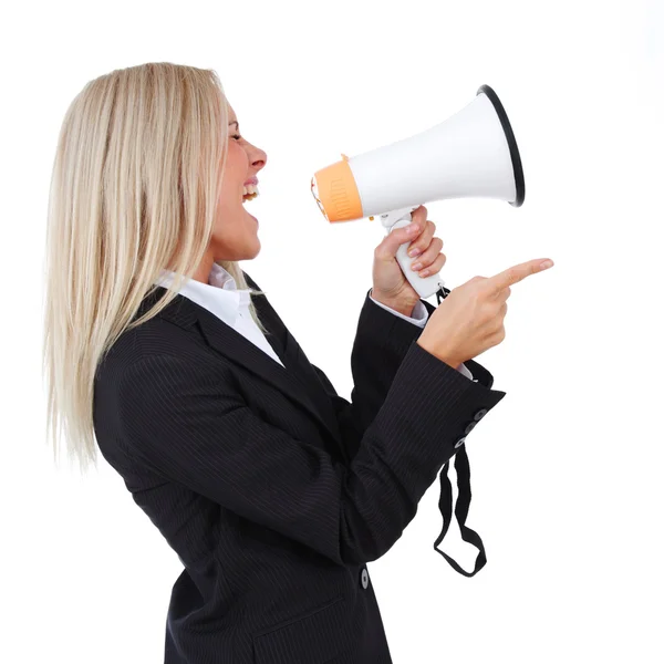 Donna d'affari con megafono isolato sfondo bianco — Foto Stock
