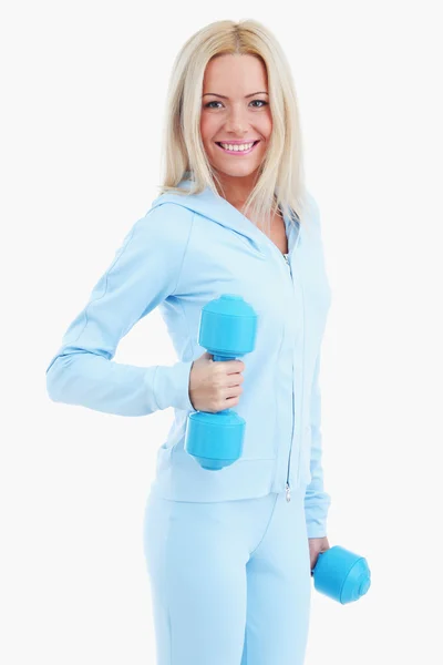 몸짓에 고립 된 화이트 스포츠 착용에 젊은 행복 한 여자 — 스톡 사진