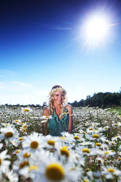 Meisje in jurk op het veld van de bloemen daisy — Stockfoto