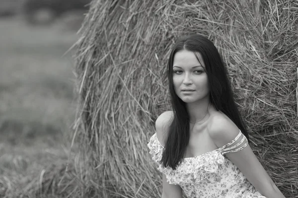 干し草の山の横にある女の子 — ストック写真