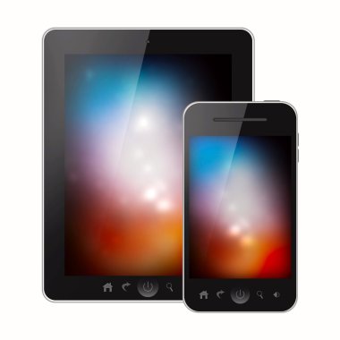 tablet pc ve cep telefonu ile parlak menü ekran beyaz zemin üzerine izole