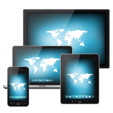 tablet pc ve cep telefonu ile bir ekranda beyaz zemin üzerine izole Dünya Haritası