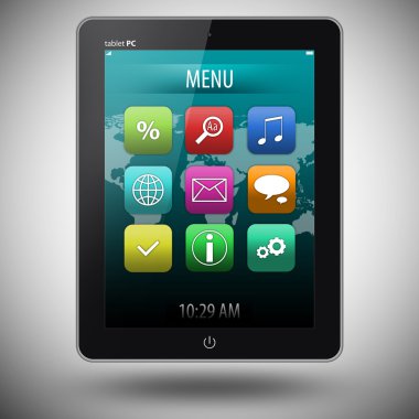 tablet pc ile boş bir ekran gri arka plan üzerinde izole