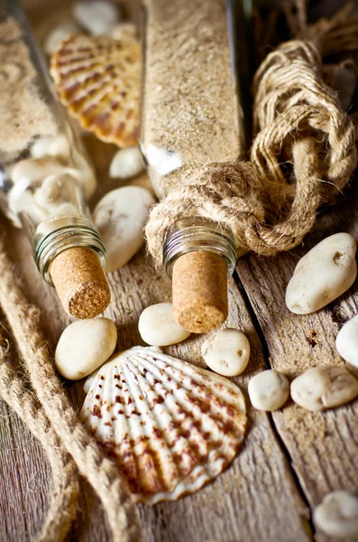 Vintage still life with bottle and seashell — Stock Photo, Image