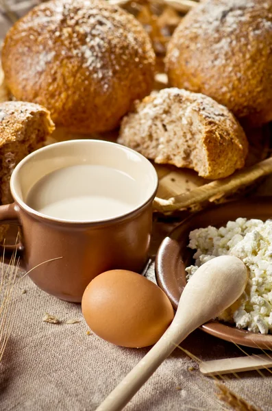Food still life with milk, cheese, rolls and ears of wheat — Stock Photo, Image