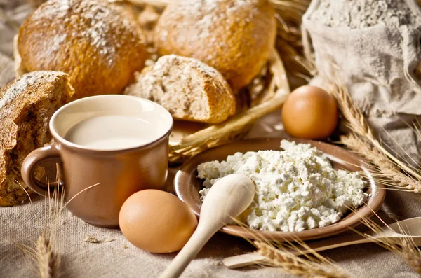 Food still life with milk, cheese, rolls and ears of wheat — Stock Photo, Image