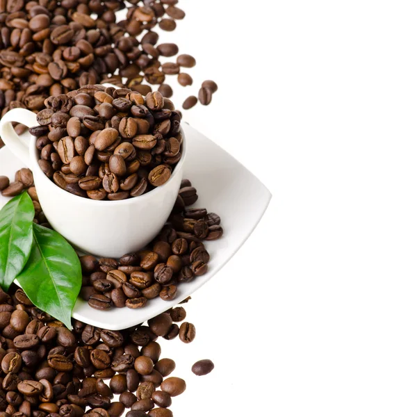 Xícara de grãos de café em fundo branco isolado — Fotografia de Stock