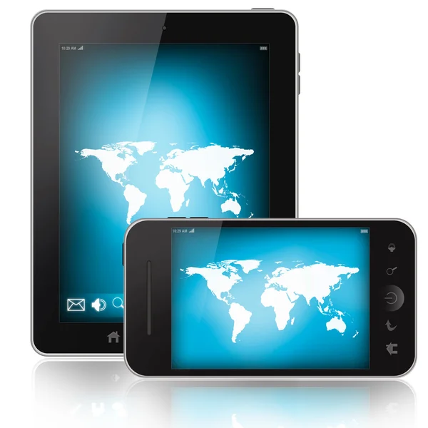 Tablet pc ja matkapuhelin maailmankartalla valkoisella pohjalla eristetyllä näytöllä — kuvapankkivalokuva