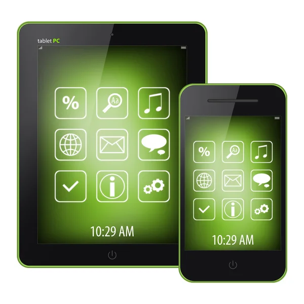 Tablette PC et téléphone portable avec écran de menu lumineux isolé sur fond blanc — Photo