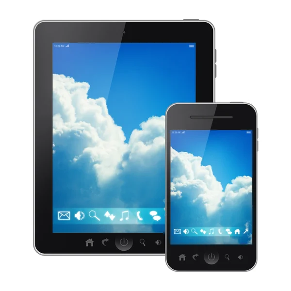 Tablet pc e telefono cellulare con schermo del menu cielo luminoso isolato su sfondo bianco — Foto Stock