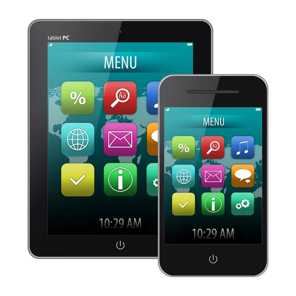 Počítač tablet pc a mobilních telefonů s jasně menu obrazovka izolovaných na bílém pozadí — Stock fotografie