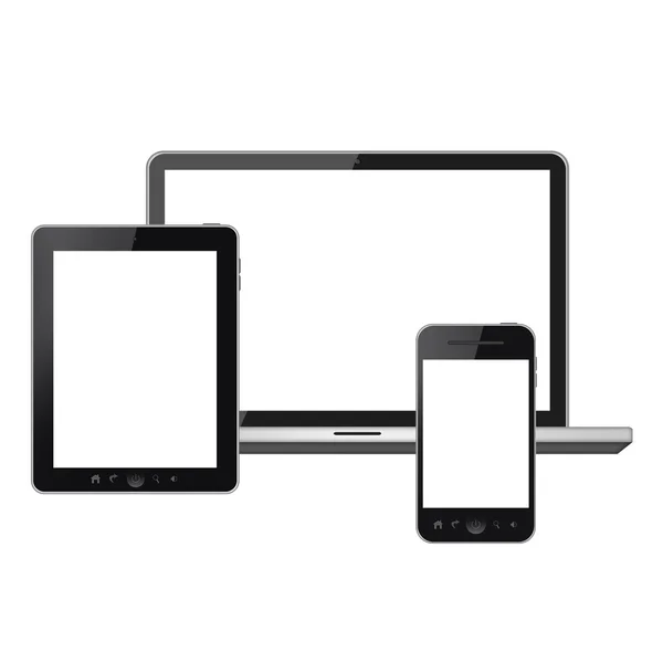 Tablet PC, teléfono móvil y portátil con pantalla en blanco aislada sobre fondo blanco — Foto de Stock