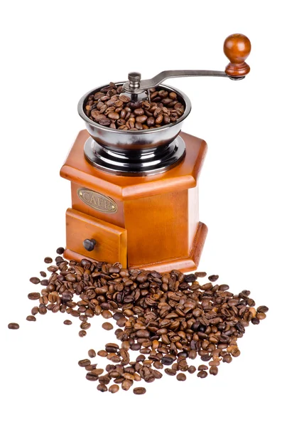 孤立した白い背景の上のコーヒー豆とコーヒー グラインダー ロイヤリティフリーのストック写真