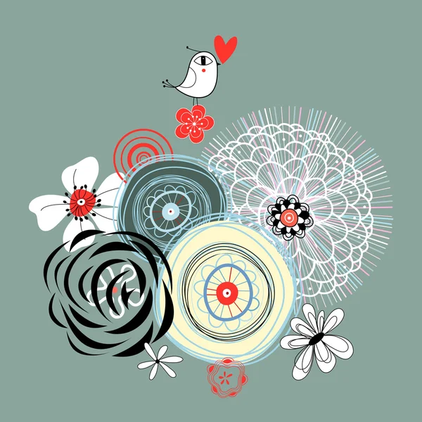 Fond floral avec un oiseau d'amour — Image vectorielle
