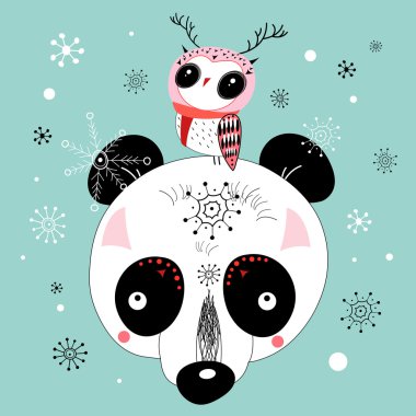 Winter postcard of a panda and owl clipart