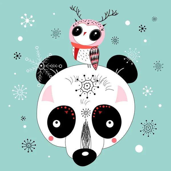 Winter postcard of a panda and owl — Stock Vector
