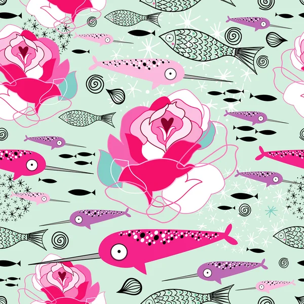 Texture of roses and narwhals — Stock Vector