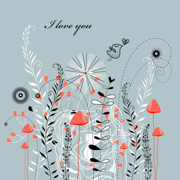 Carte florale de voeux avec oiseau d'amour — Image vectorielle