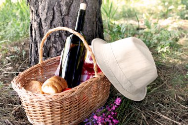 Picnic basket with a hat placed near clipart