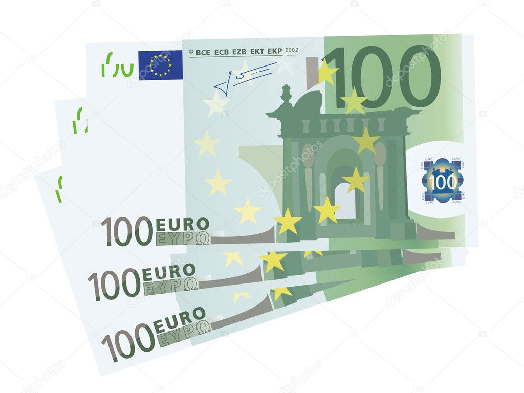 Vector drawing of a 3x 100 Euro bills (isolated)