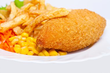 Chicken Kiev with corn and french fries clipart