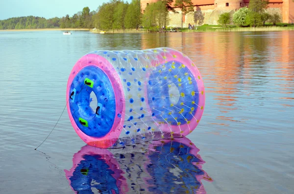 Zorb air bubble on Lake Galve water Trakai Castle — Stock Photo, Image