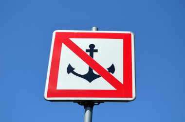 Warning sign prohibit ship moor riverside blue sky clipart