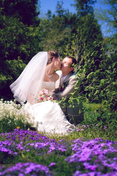 Noiva e noivo posando no parque — Fotografia de Stock