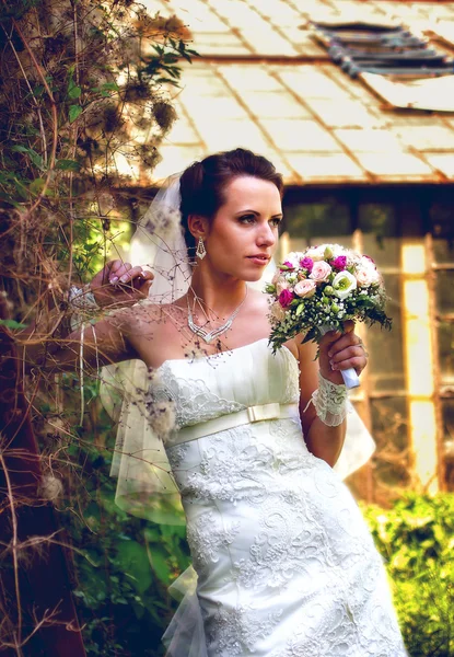 Braut posiert auf dem Hintergrund von Blumen — Stockfoto