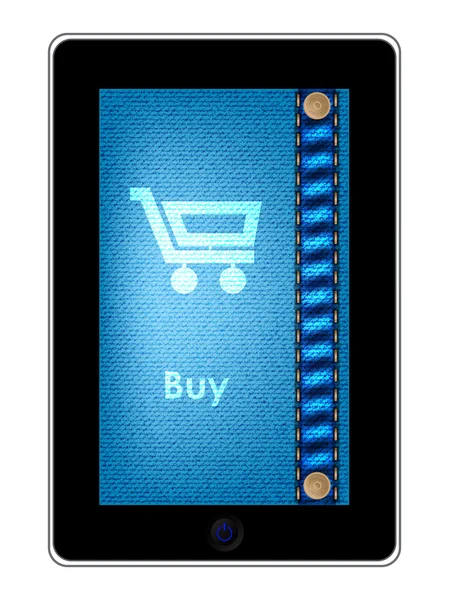 Tablet pc met een winkelwagentje op jeans achtergrondkleur — Stockvector