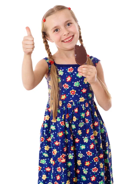 Girl with ice cream and thumb up sign — Stock Photo, Image