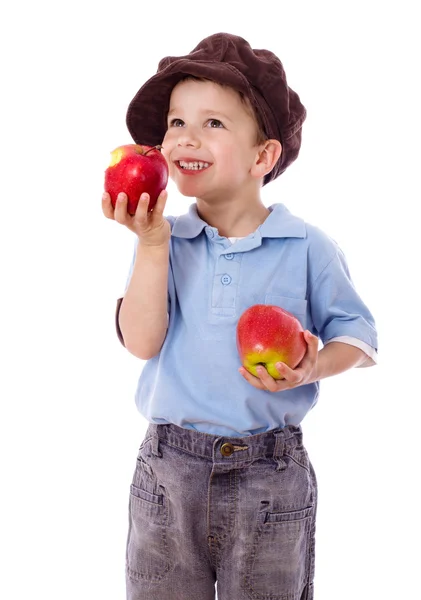 Ευτυχισμένο αγόρι με κόκκινα μήλα — Φωτογραφία Αρχείου