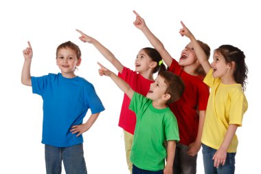 Group of children with pointing up sign clipart