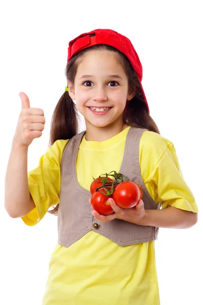 Chica con tomates y el pulgar hacia arriba signo —  Fotos de Stock