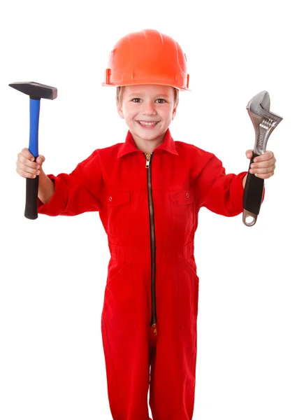 Kleiner Bauarbeiter mit Schraubenschlüssel und Hammer — Stockfoto