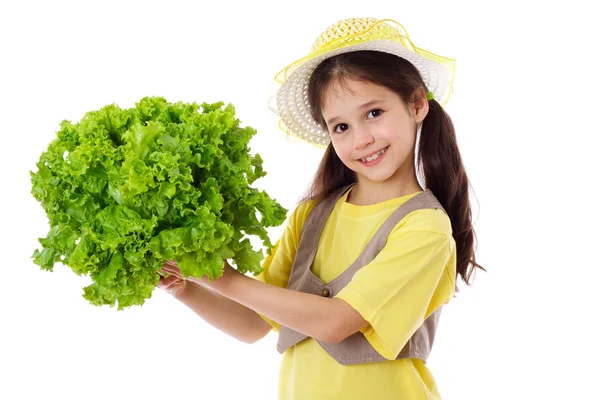 Lachende meisje met sla salade — Stockfoto