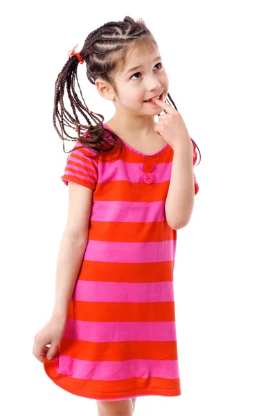 Menina pensativa em vestido rosa — Fotografia de Stock