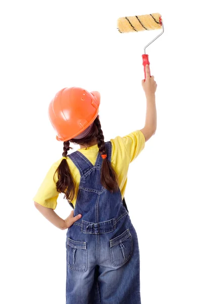 Girl in coveralls with paintroller — Stock Photo, Image