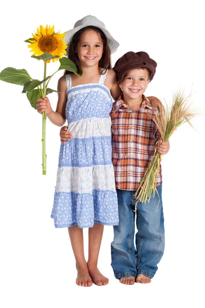 Two kids with sunflower and wheat — Stock Photo, Image