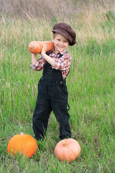 Smiling boy with pumpkins — Stock Photo, Image