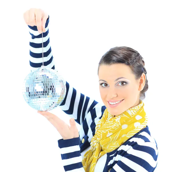Beautiful girl with a mirror sphere on a white background. — Stock Photo, Image
